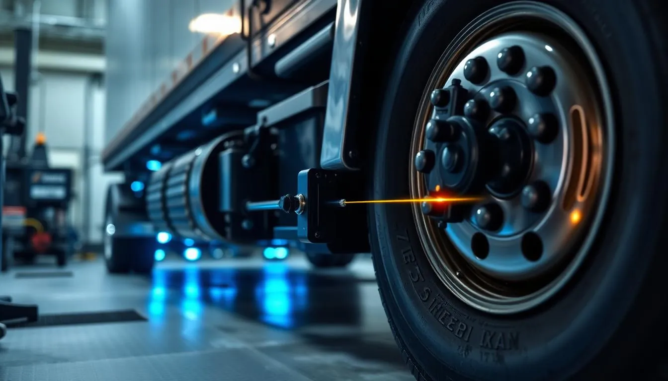 Laser alignment sensors measuring the steer axle geometry of a tow truck during an axle alignment service