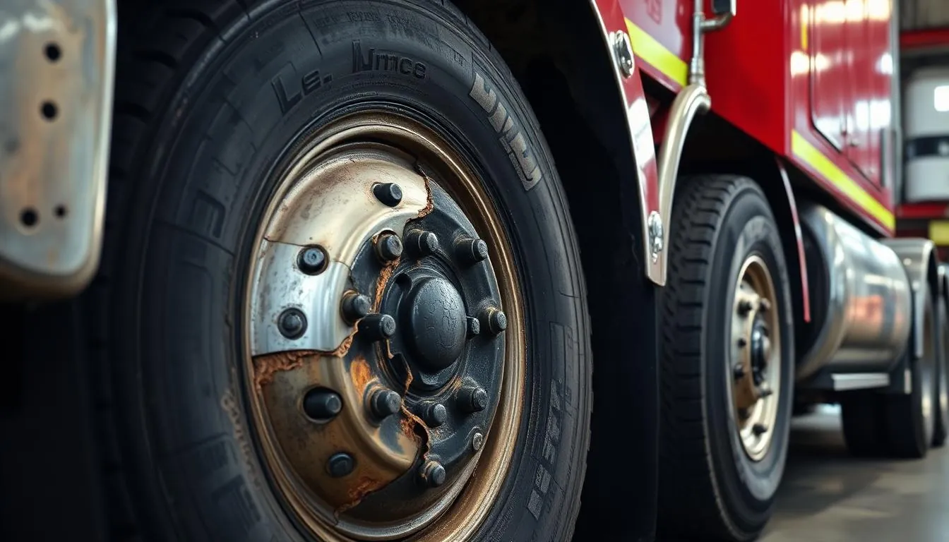 Uneven tire wear on a heavy tow truck caused by misaligned axles