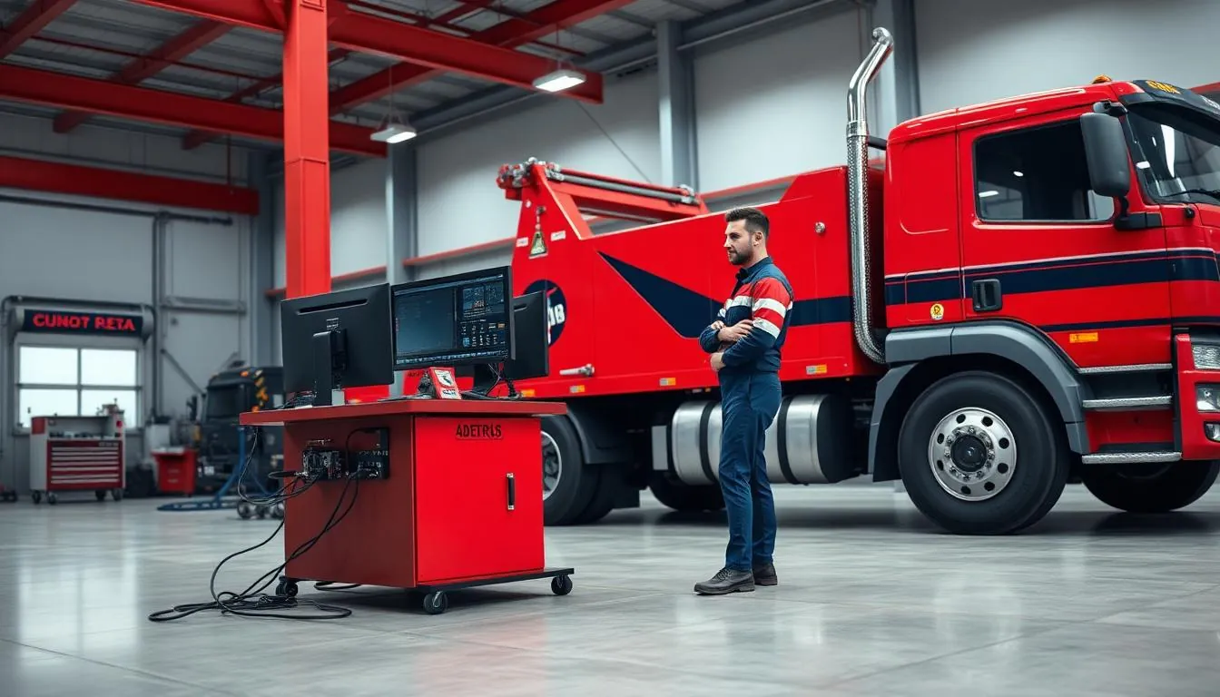 Technician operating heavy commercial alignment equipment beside a tow truck in the Quik Tow Repair shop