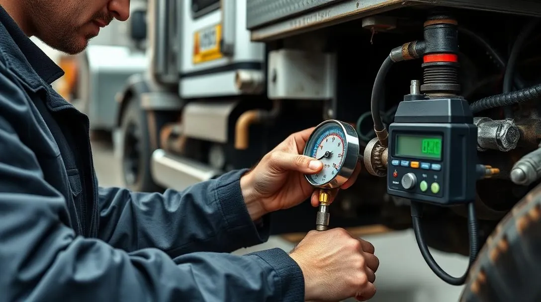 Technician diagnosing a hydraulic leak with a pressure gauge