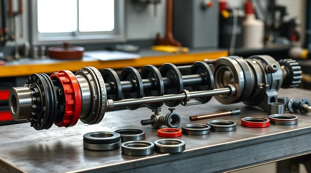 Fully disassembled hydraulic cylinder laid out on a workbench