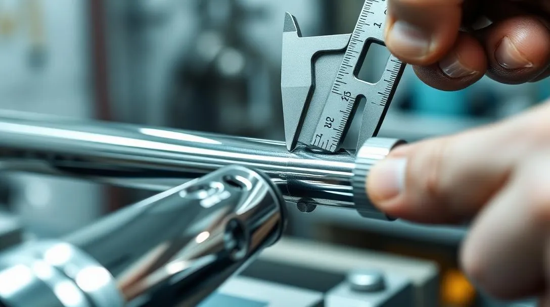 Chrome cylinder rod being measured with a micrometer