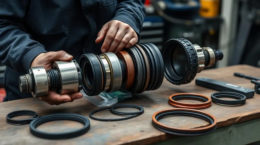 Mechanic replacing seals and o-rings on a disassembled hydraulic cylinder