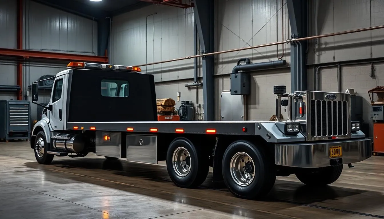 Rollback tow truck with a long flatbed deck mounted on an extended wheelbase chassis