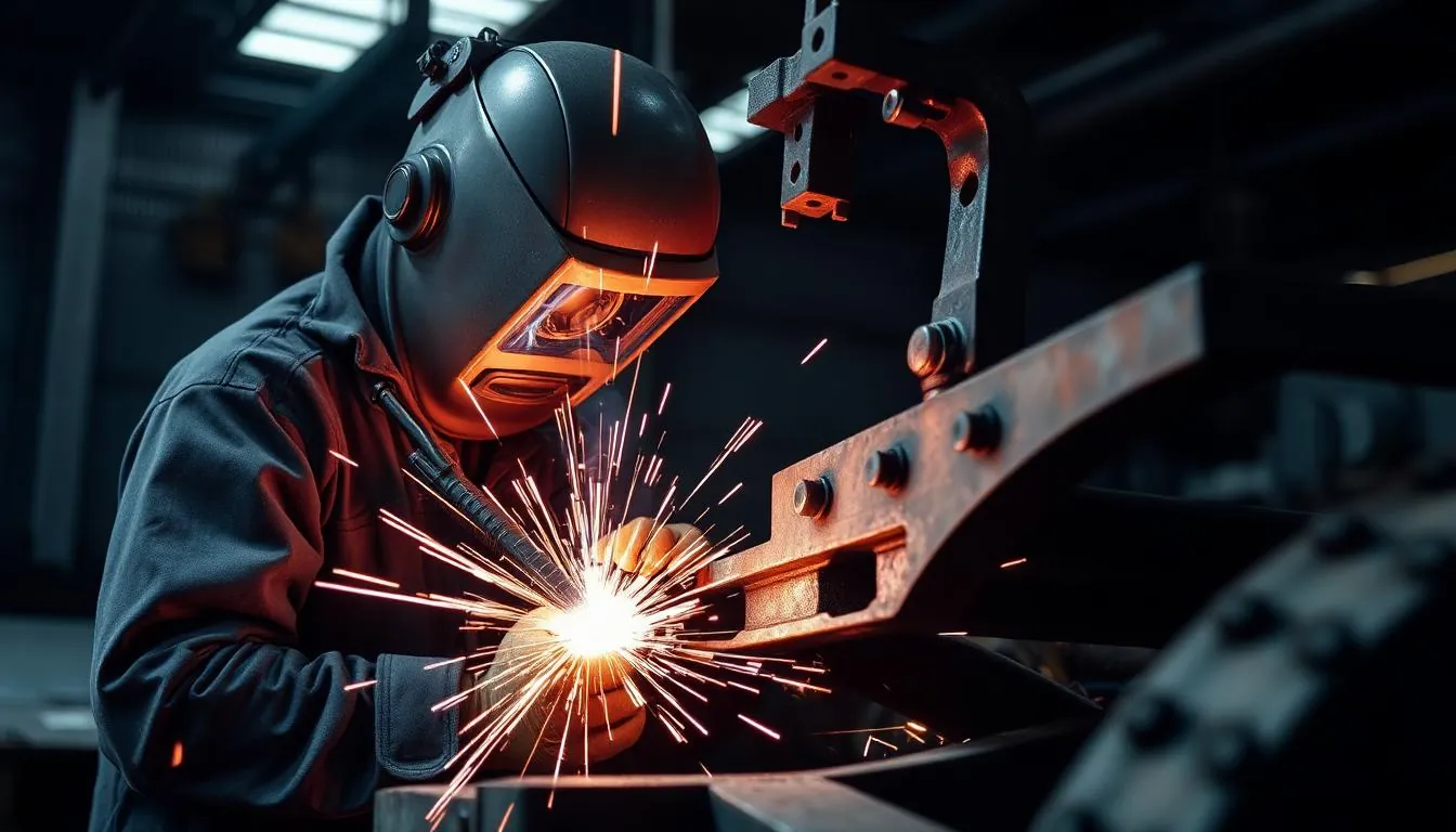Welder performing a full-penetration structural weld on a heavy commercial truck frame joint