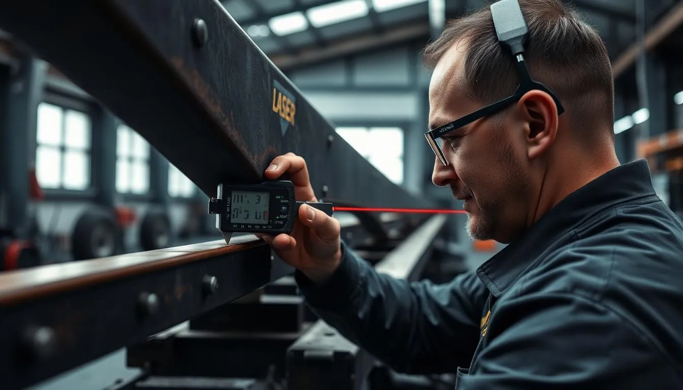 Technician using precision laser measurement on a bent heavy truck frame rail in a repair shop