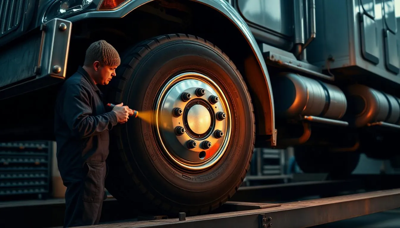 Mechanic inspecting uneven tire wear on a heavy tow truck caused by a bent frame