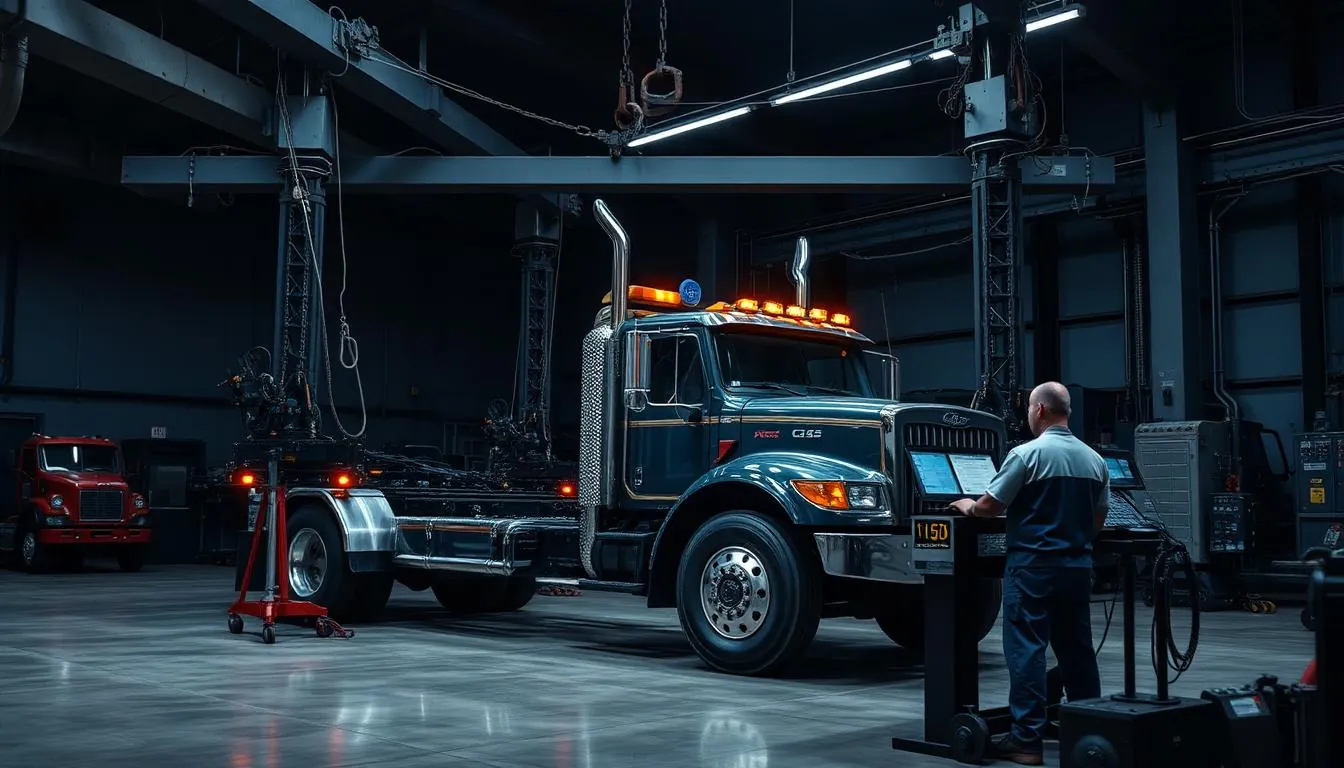 Hydraulic frame straightening equipment holding a commercial tow truck chassis with a technician at the controls