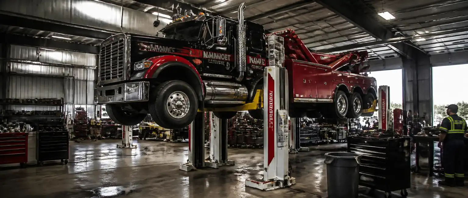 Heavy duty tow truck raised on an industrial lift inside a commercial truck repair facility