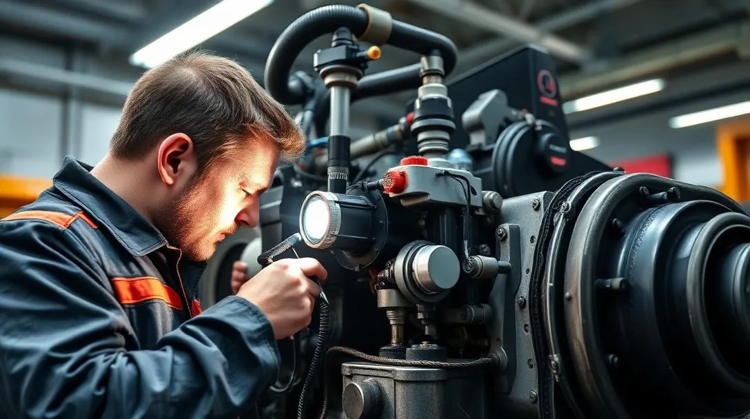 Technician inspecting a PTO unit with a flashlight