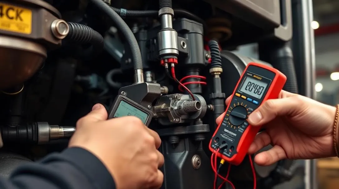 Mechanic testing a PTO engagement solenoid with a multimeter