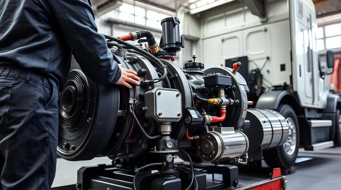 New PTO unit being mounted on a commercial truck transmission