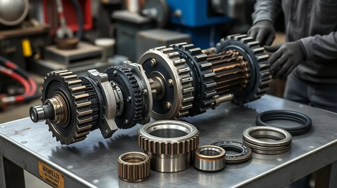 PTO unit disassembled on a workbench for rebuild
