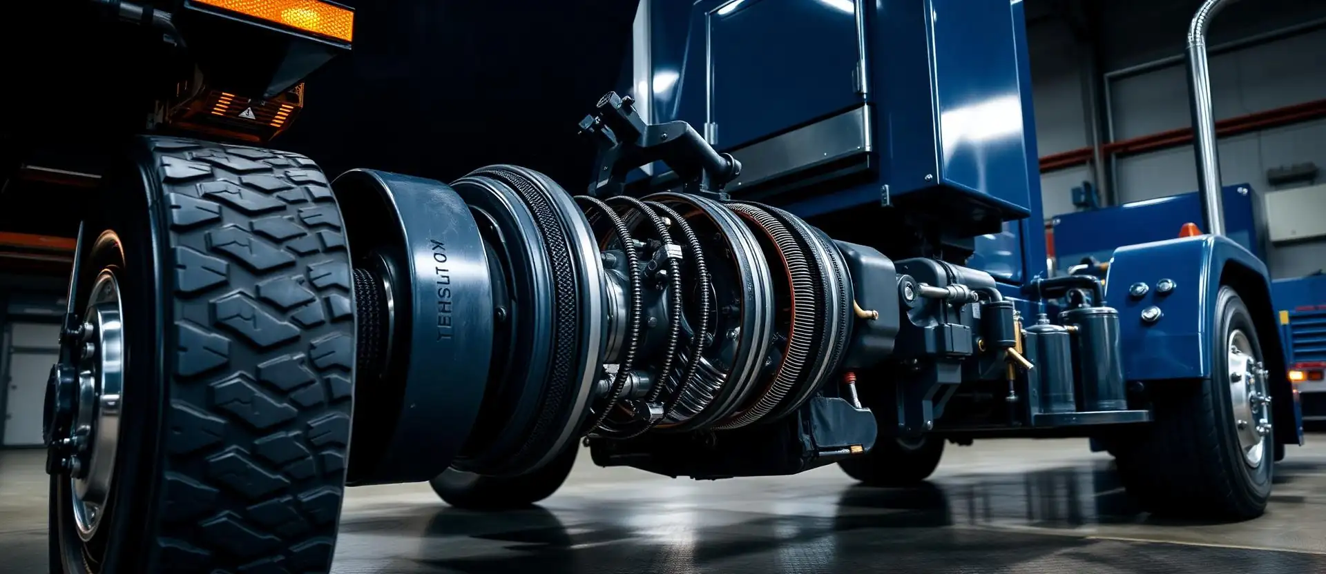 Heavy duty tow truck leaf spring and axle suspension assembly in a professional truck repair shop
