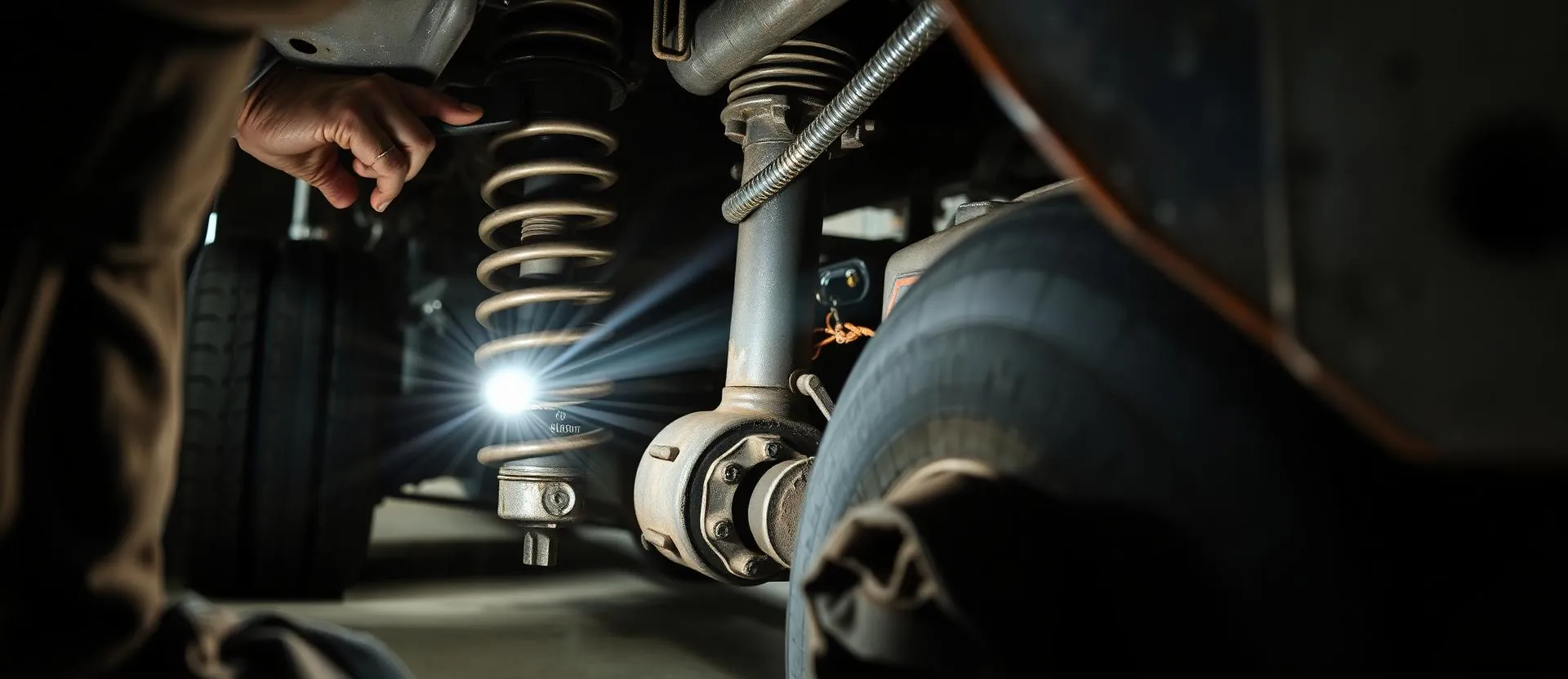 Mechanic inspecting a worn shock absorber and leaf spring on a tow truck with a flashlight