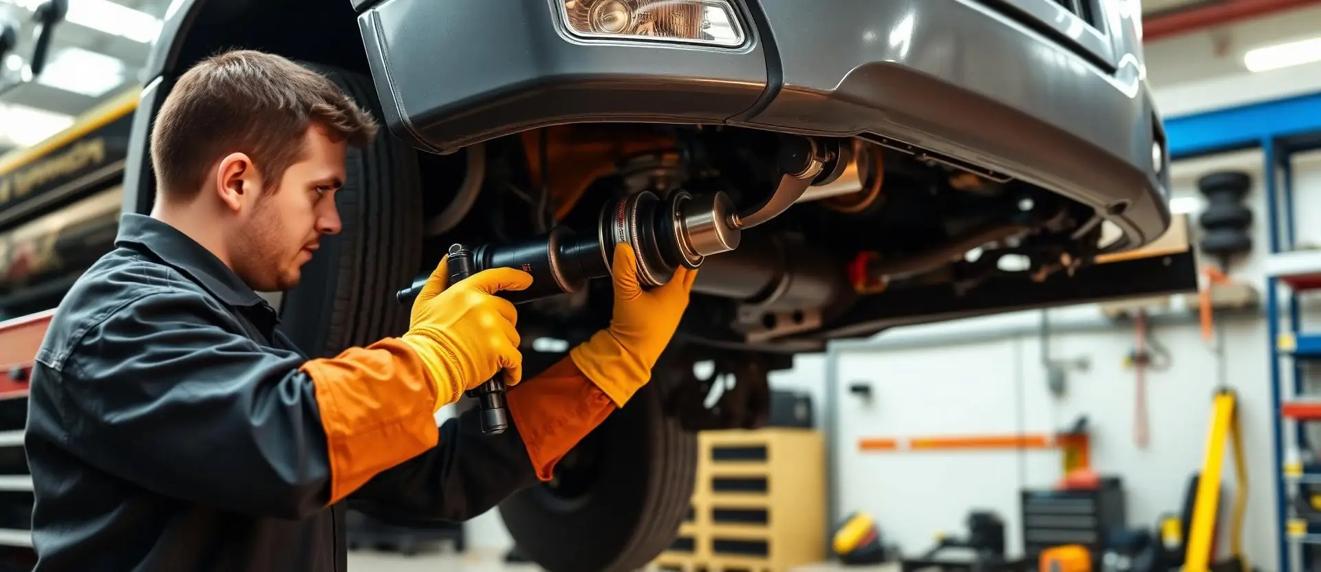 Professional technician installing a heavy-duty shock absorber on a lifted commercial tow truck