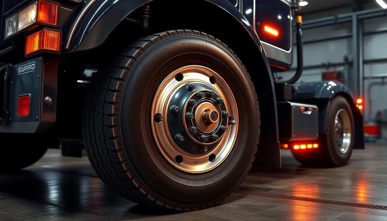 Heavy tow truck front steer axle with wheel alignment sensors attached in a professional truck repair shop
