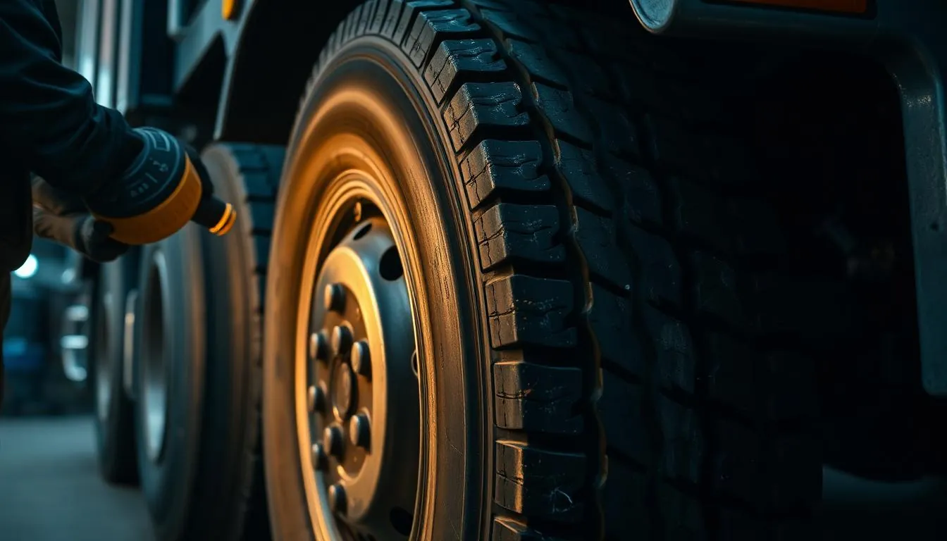 Mechanic inspecting unevenly worn commercial truck tires with a flashlight