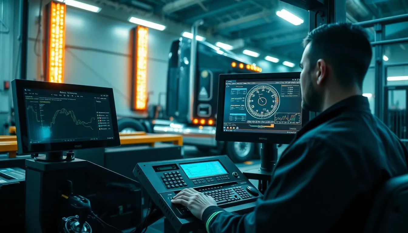 Professional technician operating computerized heavy truck wheel alignment equipment with digital readouts