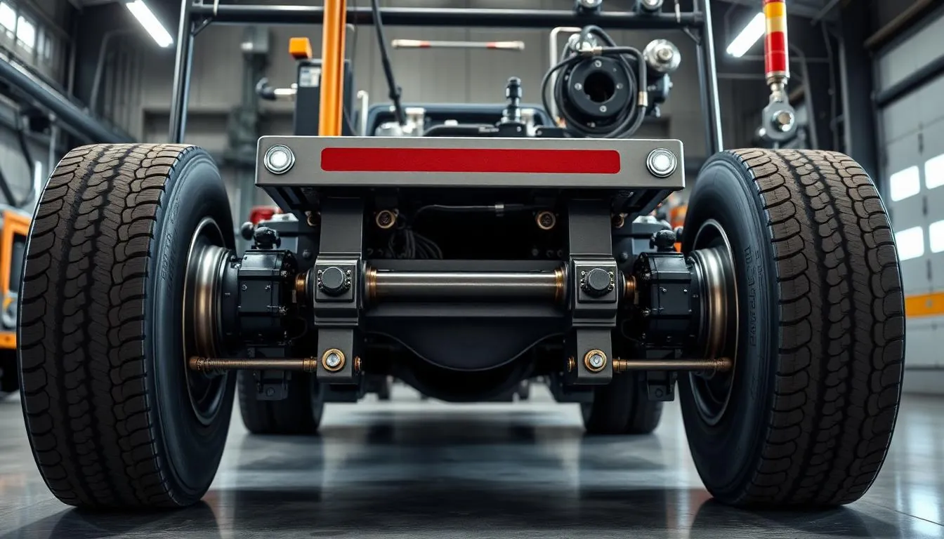 Tandem axle setup on a heavy tow truck showing the equalizer beam and torque rods between two rear axles