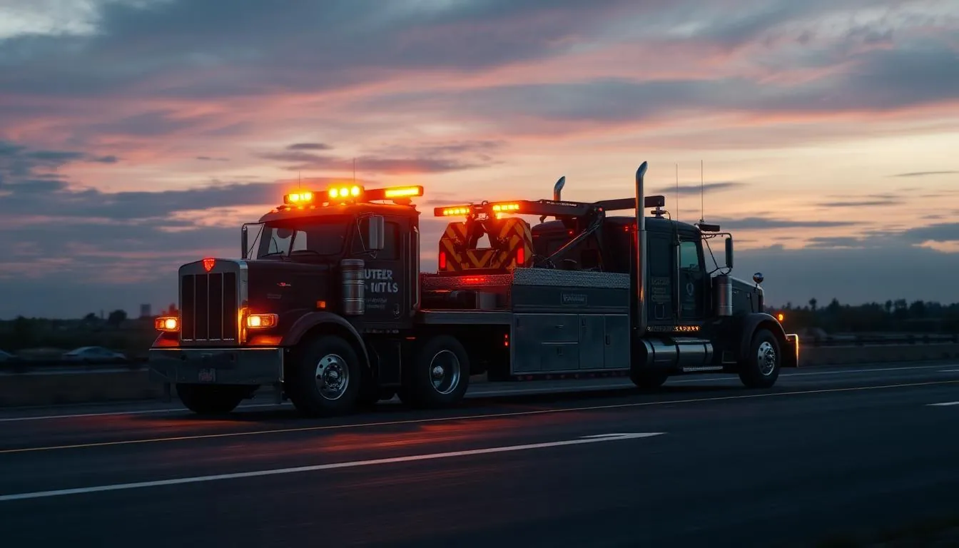 Heavy wrecker tow truck under full load on a highway with tandem rear axles bearing the weight