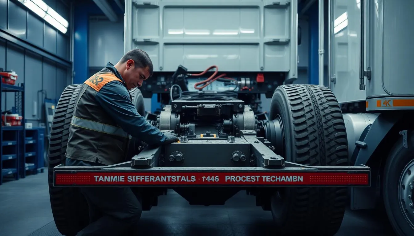 Technician repairing the tandem rear axle assembly of a heavy tow truck inside a professional shop