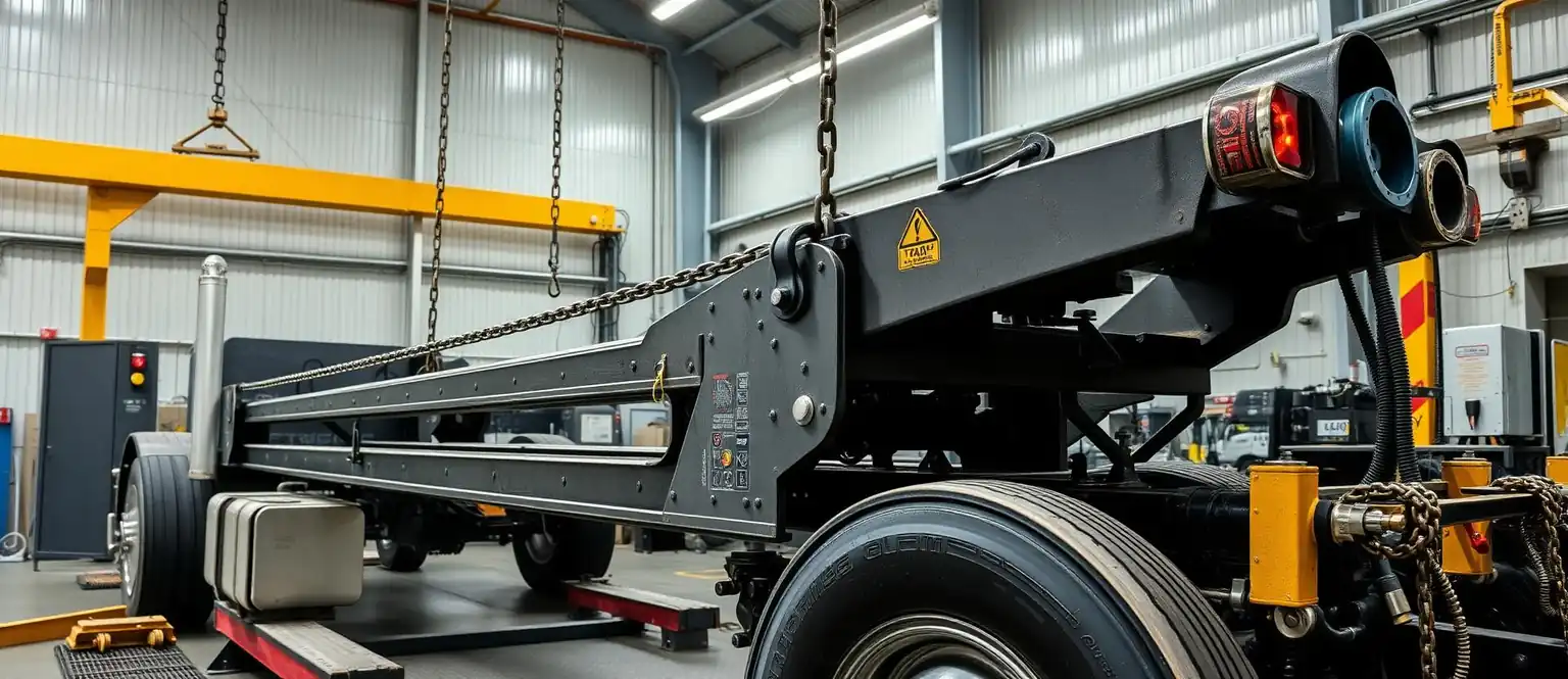 Hydraulic frame straightening equipment working on a heavy commercial tow truck chassis