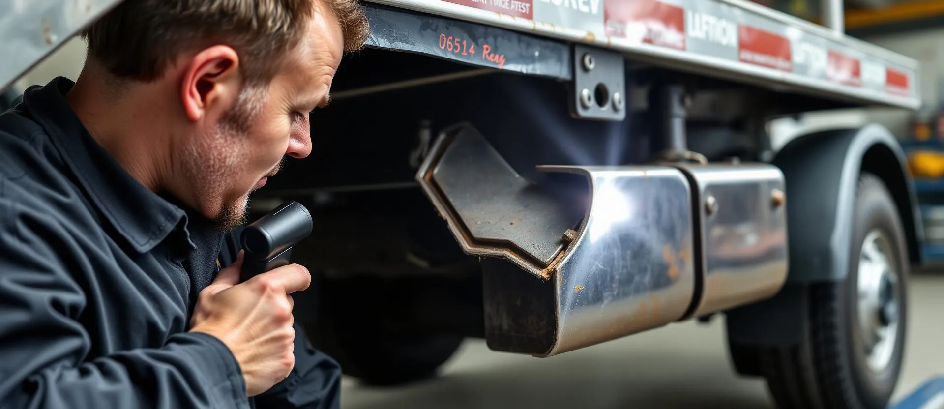 Mechanic inspecting a bent and cracked tow truck frame rail with a flashlight