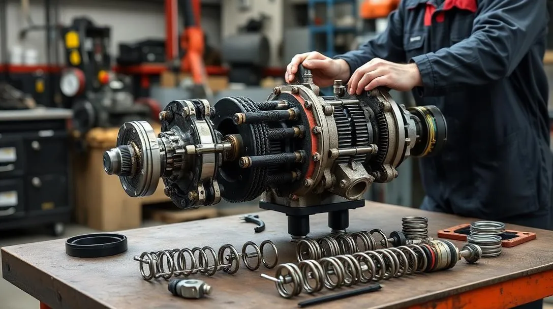 Mechanic disassembling a multi-spool hydraulic control valve on a workbench