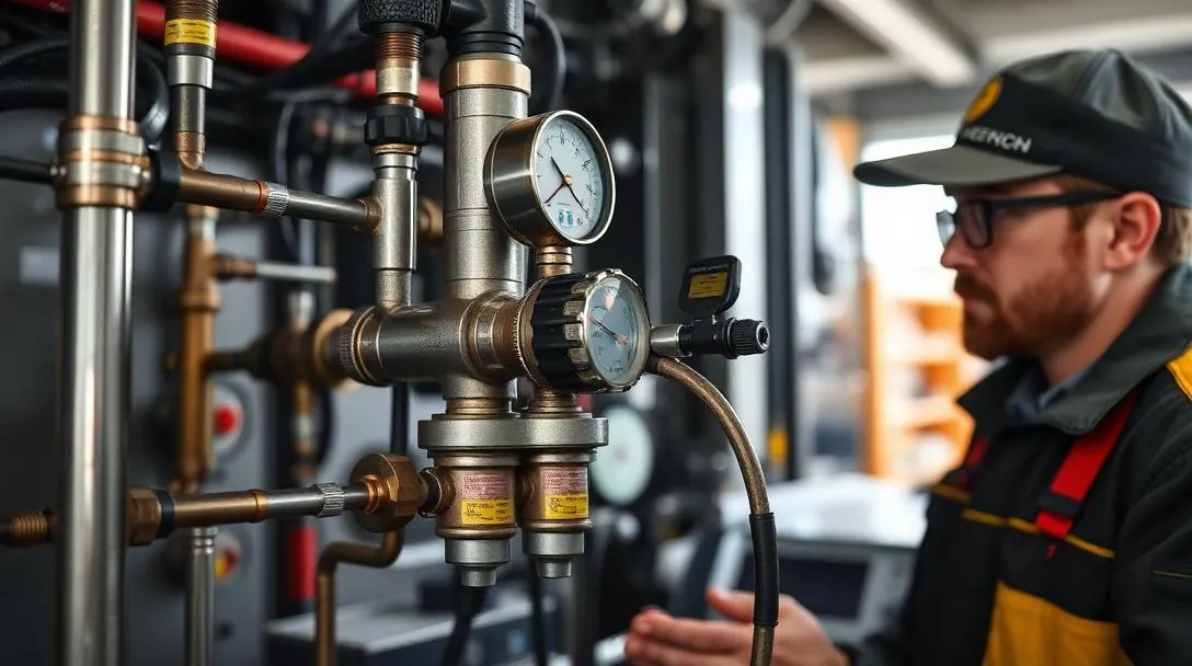 Directional control valve being flow-tested with gauges and test hoses connected