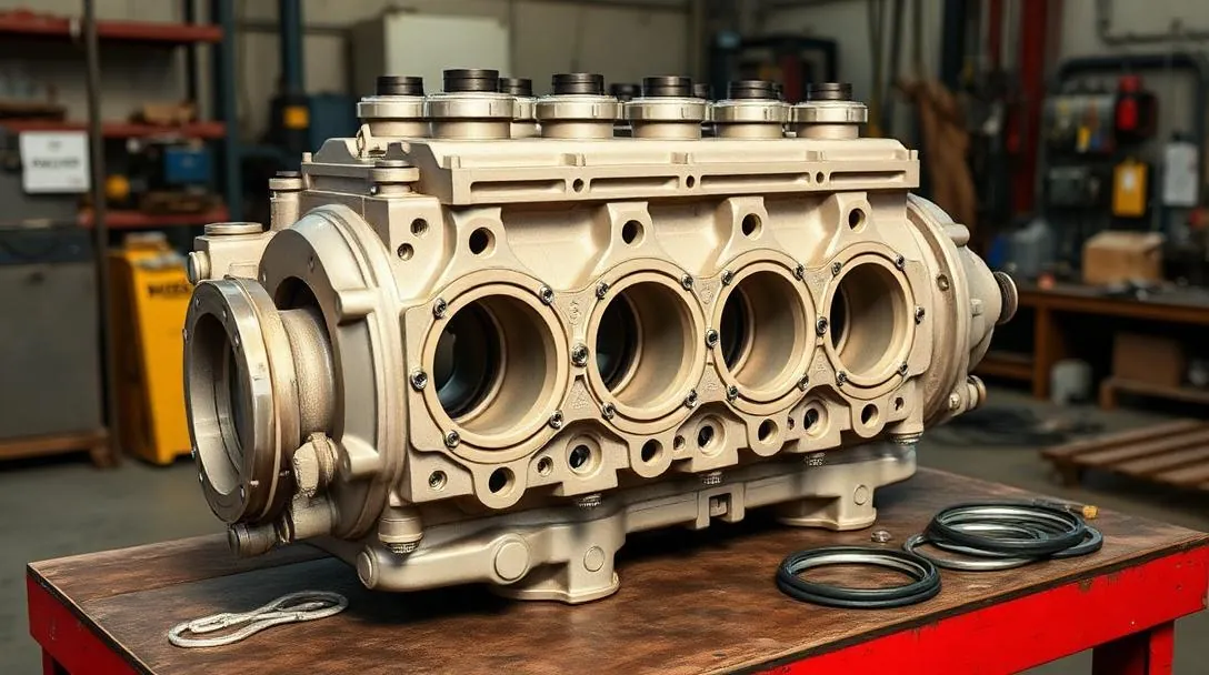 Hydraulic valve body manifold block disassembled on a workbench with internal passages visible