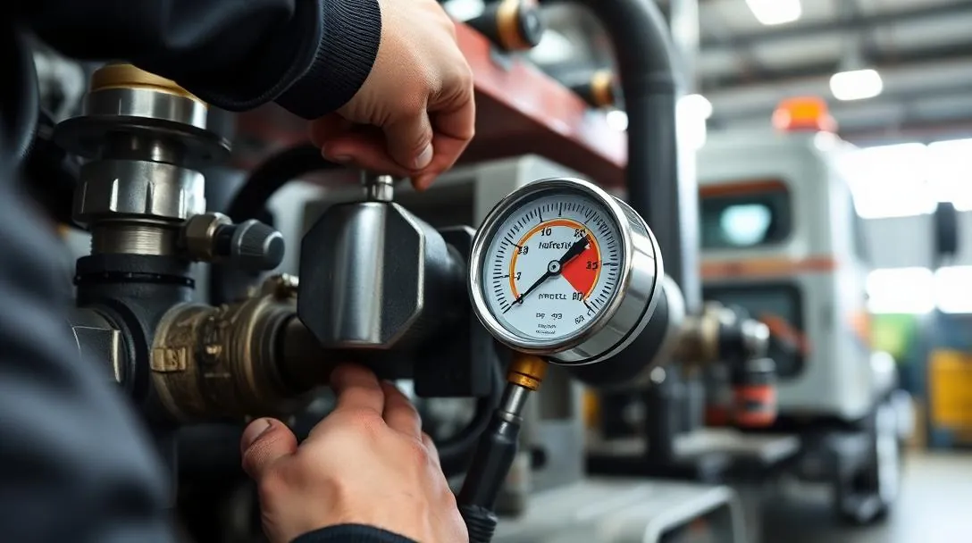 Technician adjusting a hydraulic relief valve with a pressure gauge in the red zone