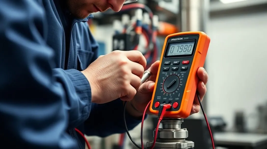Technician testing an electric solenoid hydraulic valve with a multimeter