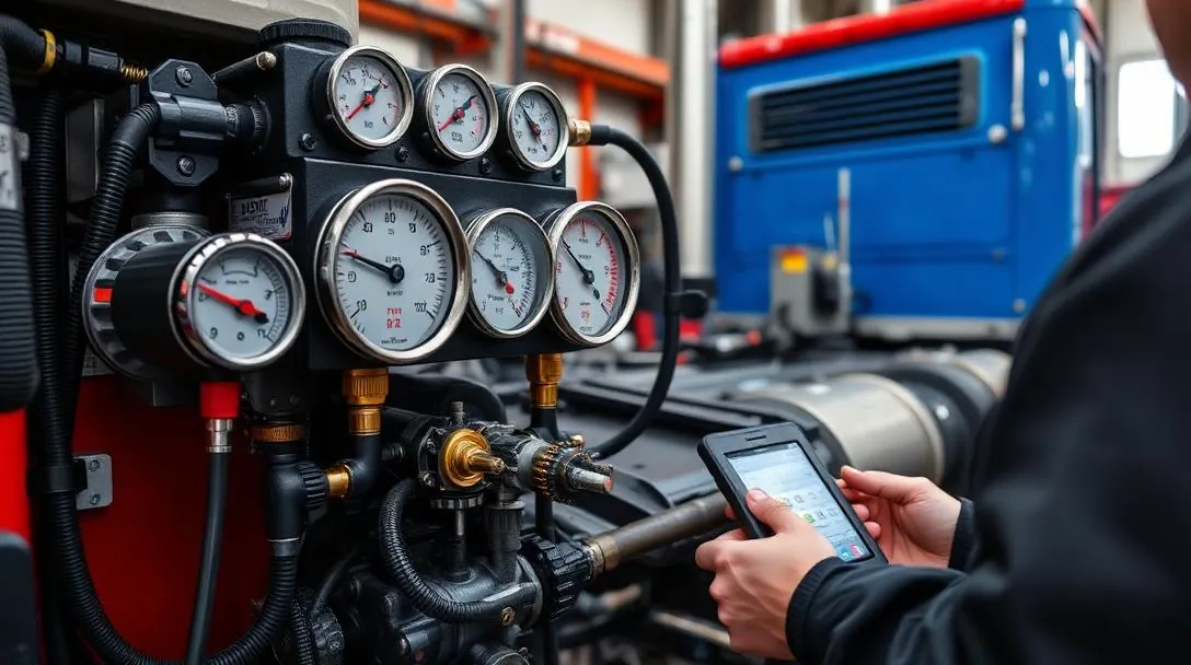 Hydraulic pressure and flow testing equipment with multiple gauges on a tow truck
