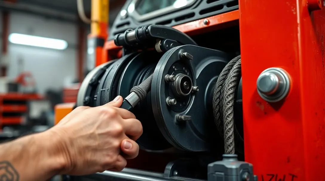 Mechanic adjusting a winch brake band and clutch assembly