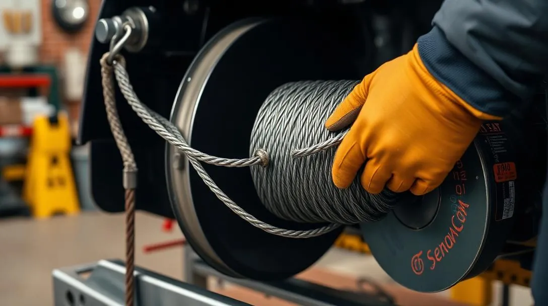 New steel winch cable being spooled onto a tow truck winch drum