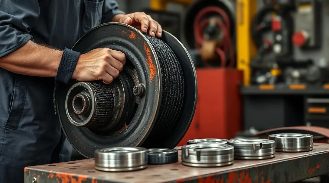 Mechanic inspecting a grooved winch drum with bearings removed