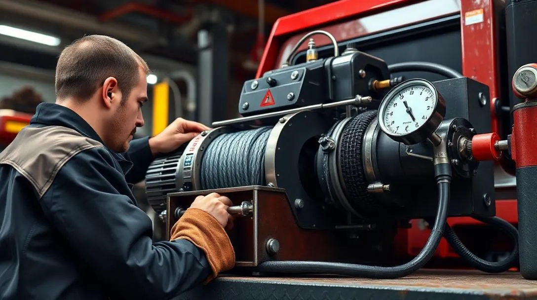 Mechanic inspecting a hydraulic winch motor with pressure gauge on a tow truck