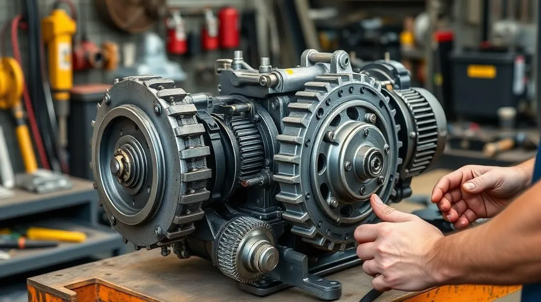 Disassembled mechanical winch gearbox with gears and clutch components on a workbench