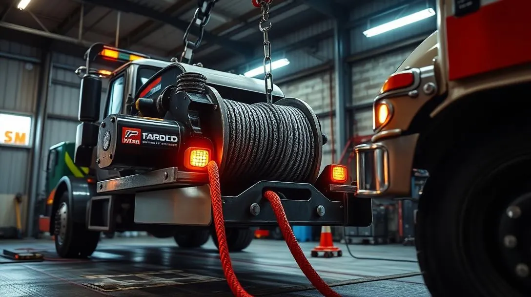 Tow truck winch under full load during a pull test in a repair shop